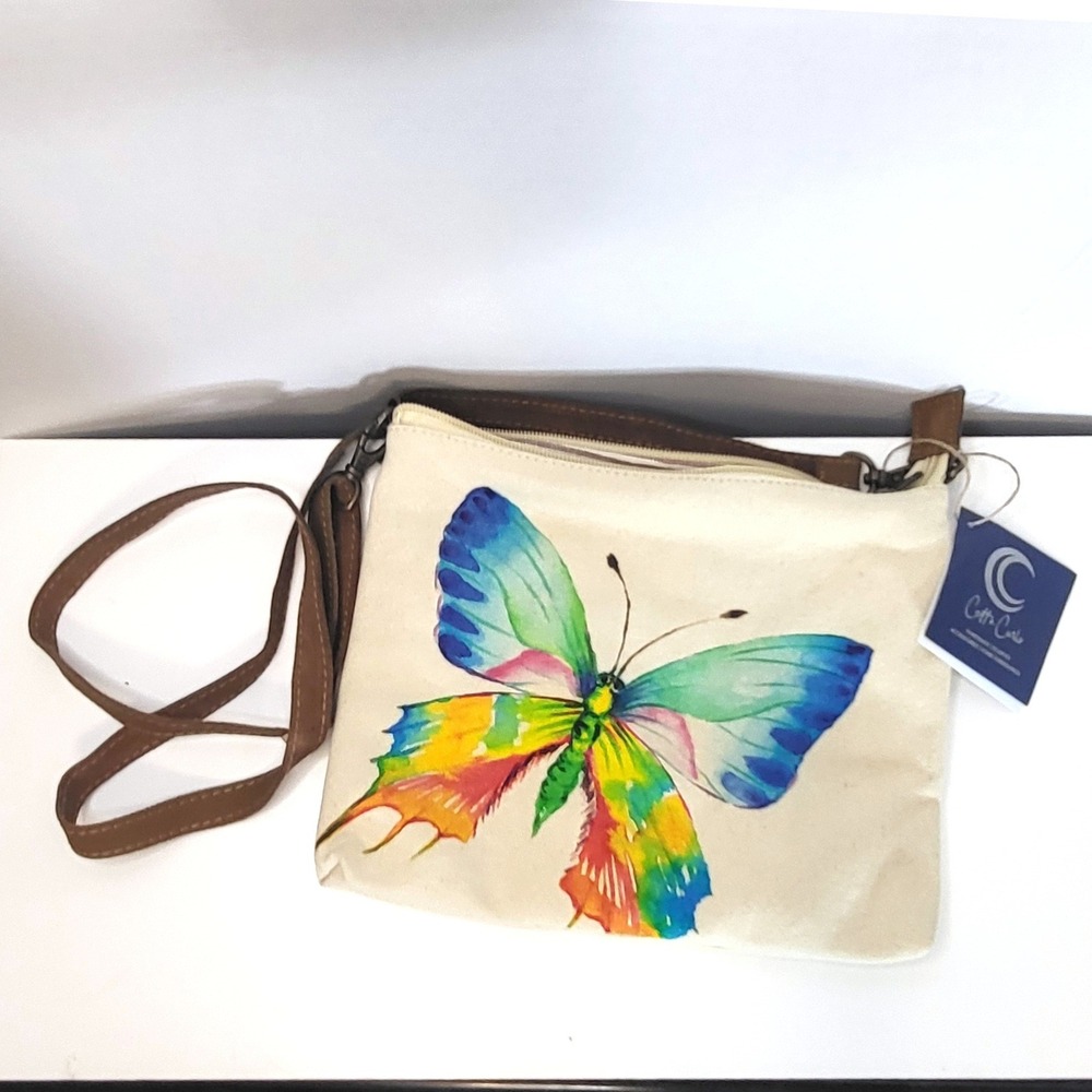 CottnCurls Womens Handcrafted Butterfly Print Canvas Leather Crossbody Bag Cream